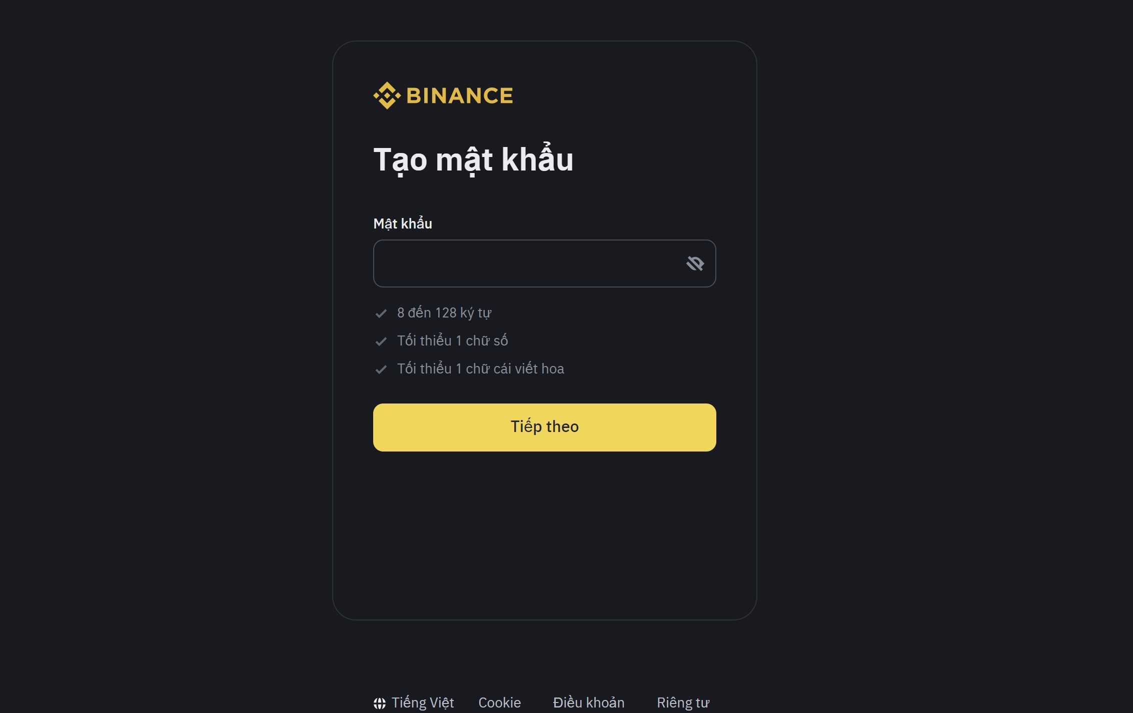 tạo mật khẩu binance